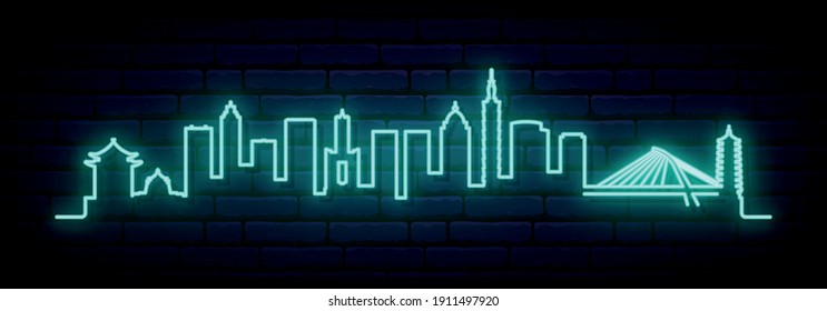 Blue neon skyline of Taipei. Bright Taipei City long banner. Vector illustration.