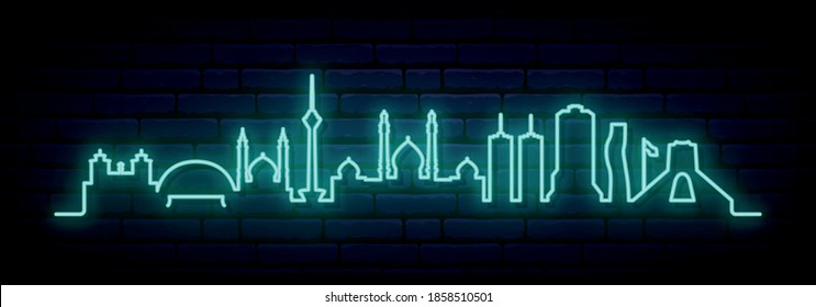 Blaue Neonskyline von Teheran. Bright Teheran City langes Banner. Vektorgrafik.