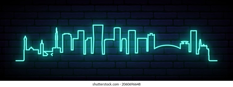 Blue neon skyline of Tel Aviv. Bright Tel Aviv City long banner. Vector illustration.