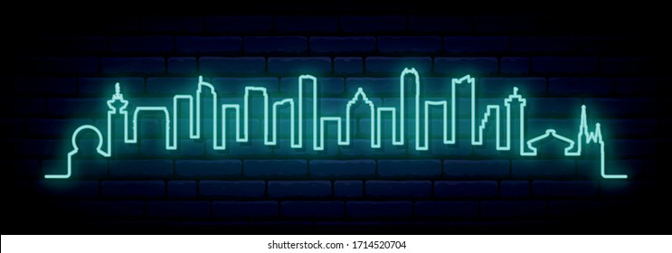 Blue neon skyline of Vancouver city. Bright Vancouver long banner. Vector illustration.