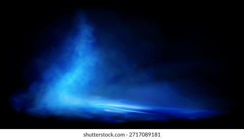 Humo de neón azul, reflejo de luz en la superficie. Escena nocturna con humo y niebla. Ilustración vectorial
