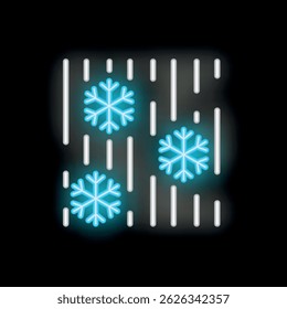 Blue neon snowflakes are falling down on a black background with white stripes