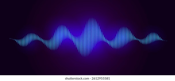 Blue neon sound wave on dark background, AI voice assistant visualization, Sound wave equalizer, Vector illustration.