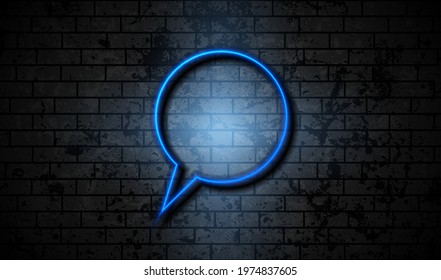 Blue neon speech bubble on dark grunge brick wall abstract background. Vector illustration