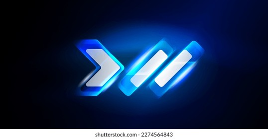 Blue neon speed arrow and line shapes background. Hi-tech concept with shiny backdrop. Bright flare light effect in the dark