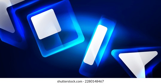 Blue neon speed arrow and line shapes background. Hi-tech concept with shiny backdrop. Bright flare light effect in the dark