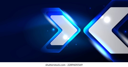 Blue neon speed arrow and line shapes background. Hi-tech concept with shiny backdrop. Bright flare light effect in the dark