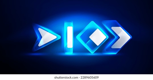 Blue neon speed arrow and line shapes background. Hi-tech concept with shiny backdrop. Bright flare light effect in the dark