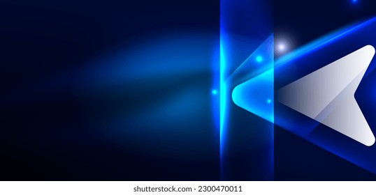 Blue neon speed arrow and line shapes background. Hi-tech concept with shiny backdrop. Bright flare light effect in the dark