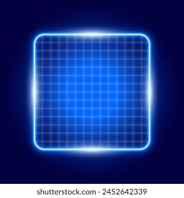 Blue neon square with checkered pattern inside, abstract glowing vector illustration.
