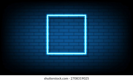 Blauer quadratischer Neonrahmen auf dunklem Ziegelwandhintergrund mit Kopienraum für Text