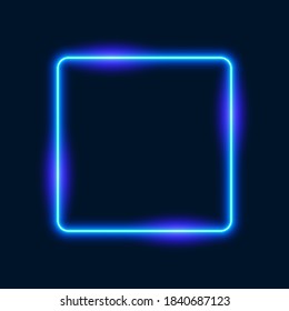 Blue neon square with purple lights on dark background, vector illustration.