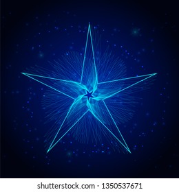 Blue neon star of interweaving lines with glitter and radiance, spirograph, geometric shape. Abstract dark and shining galaxy space background. Eps10 vector illustration.