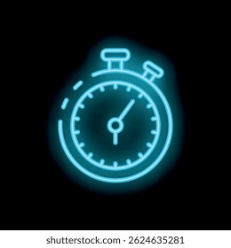 Blue neon stopwatch glowing on a black background, perfect for concepts of time, deadline, urgency