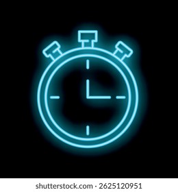 Blue neon stopwatch icon glowing on black background