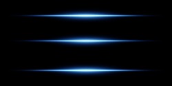Blue Neon Stripes Or Light Flash. Laser Beams, Horizontal Beams. Beautiful Light Reflections. Glowing Stripes On A Black Background.