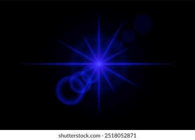 Rayas azules de neón o estrella de destello ligero. Rayos láser, rayos Horizontales. Hermosos reflejos de luz. Rayas brillantes sobre un fondo negro.