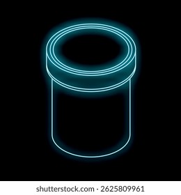 Blue neon style glowing outline of a round storage jar on black background
