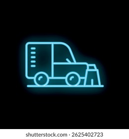 Blue neon style icon of a delivery van parked with a warning sign behind it