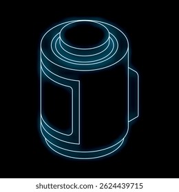 Blue neon style icon of a photo film roll glowing on black background, photography concept
