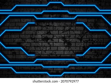 Blue neon technology lines on brick grunge wall. Abstract vector background