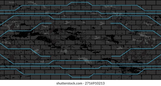 Líneas de tecnología de neón azul en la pared grunge de ladrillo. Fondo de Vector Abstractas