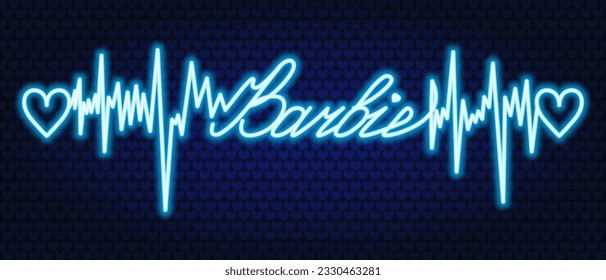 Blue neon. The text is embellished with pulses and hearts. Color vector illustration. Broken zigzag line and romantic lettering in italics. Isolated background from blue hearts. Idea for web design