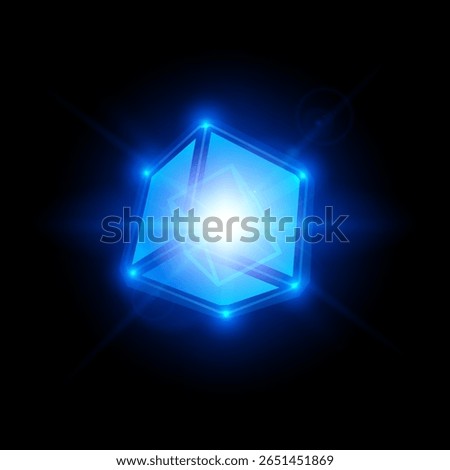 Blue neon transparent cube with rays, glow, highlights and bright light from the center. Digital technology. Blockchain. Data storage. Abstract. Vector illustration. Isolated black background.