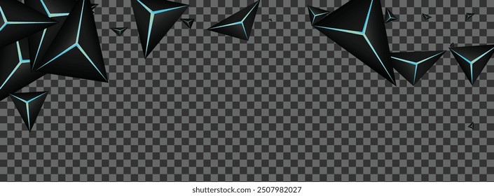 Blue Neon Triangle Background Transparent Vector. Jet Black Facet Modern. Polygon Space Card. Dark Glossy Texture.