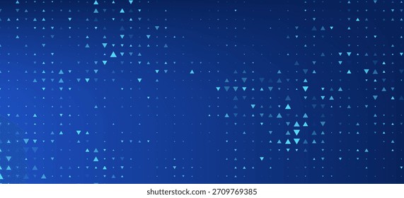 Blue neon triangle texture. Glowing navy arrow geometric background. Tech triangular pattern wallpaper. Fading arrow halftone gradient for business booklet, science poster, healthcare banner.
