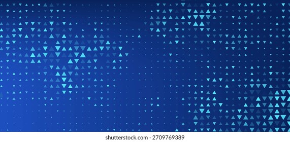 Textura de triángulo de neón azul. Fondo geométrico de flecha azul marino brillante. Fondo de pantalla de patrón triangular técnico. Gradiente de semitono de flecha de desvanecimiento para folleto de negocios, póster de ciencia, Anuncio de atención médica.