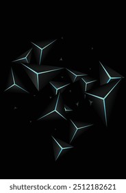 Neon Azul Triangular Fundo Preto Vetor. Forma De Cristal Obsidiana. Textura de faceta leve. Modelo abstrato preto.