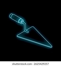 Blue neon trowel glowing on a black background, perfect for construction and building concepts