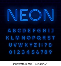 Blue neon tube alphabet font. Neon color shiny letters, numbers and symbols. Stock vector typeface for any typography design.