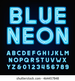 Blue neon tube alphabet font. Type letters and numbers on a dark background. Vector typeface for labels, titles, posters etc.