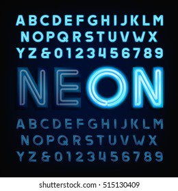 Blue neon tube alphabet font. Light turn on and off. Type letters and numbers on a dark background. Vector typography for labels, titles, posters etc.