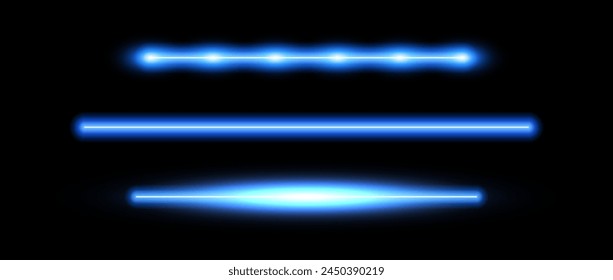 Blue neon tube lamp set. Glowing led light line beam collection. Bright luminous fluorescent bar stick lines. Shining cold color strip element pack to divide, separate, decorate. Vector illustration