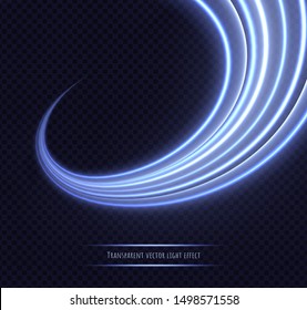 Blue neon twirl light effect isolated on transparent background. Dynamic slow shutter speed effect. Abstract luminescent lines vector illustration.