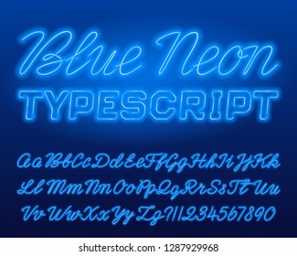 Blue Neon Typescript. Blue Color Lowercase And Uppercase Shiny Letters And Numbers. Stock Vector Alphabet Font For Your Typography Design.