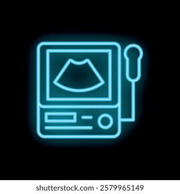 Blue neon ultrasound machine performing a sonography scan of a patient on a black background