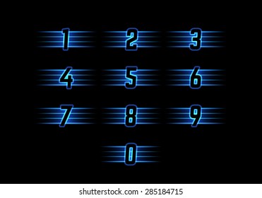 Blue Neon Vector Numerals. Luminous Numbers with Stripes. Shiny Symbols for Logos, Icons, Competitions.