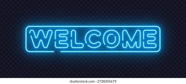 Blue neon vector sign showing Welcome word with soft glow. Friendly typography creates inviting atmosphere for entrances, websites, and digital platforms. Suitable for greeting visuals.