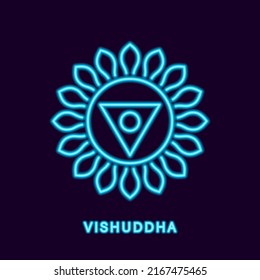 Blue neon vishuddha chakra. Luminous symbol of gateway to liberation and riches of yoga. Kantha of universal benefactor and vector long liver