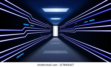 Blue Neon Visualization Projection of Data Transmission Through High Speed Internet Corridor. Widescreen Vector Illustration