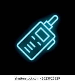 Blue neon walkie talkie icon glowing on black background, representing communication, technology and connection