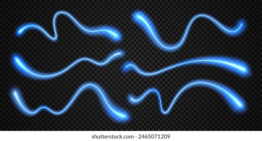 Blue neon wave line effect of light glow curves and magic flows, cartoon vector. Abstract blue neon energy trails and luminescent spray swoosh waves, light flare and wavy ray flashes with glow