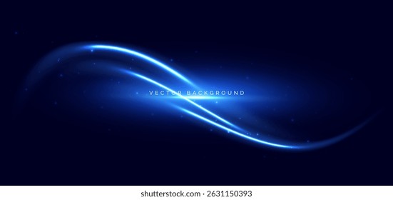 Blue neon wave rays glowing on dark blue background. Speed motion moving concept. Vector illustration