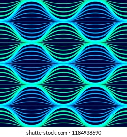 Blue neon waves seamless pattern.. Background with glowing 80s retro vapor wave style. Vector illustration.