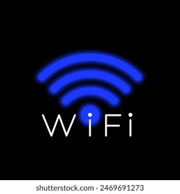 Blue neon wifi wave symbol.Information transmission technologies.Vector stock illustration.