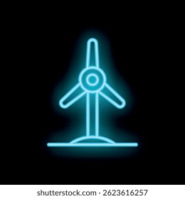 Blue neon wind turbine generating clean energy with copy space on black background